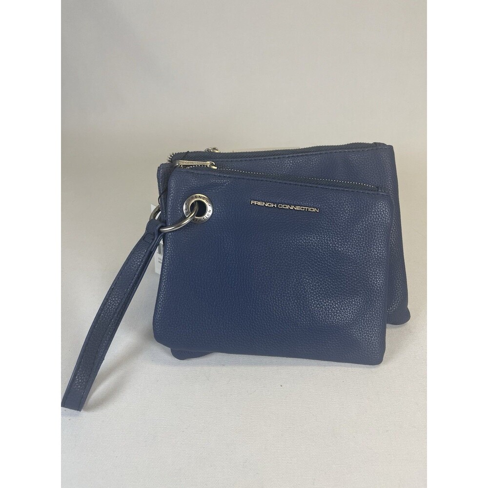 French Connection Lara Navy Faux Leather Double Wristlet Pouch NWT